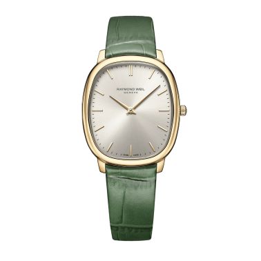 Montre Raymond Weil Toccata Héritage Quartz PVD or jaune cadran argenté bracelet cuir 31 mm x 36 mm