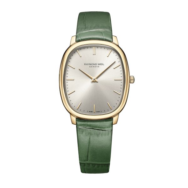 Montre Raymond Weil Toccata Héritage Quartz PVD or jaune cadran argenté bracelet cuir 31 mm x 36 mm