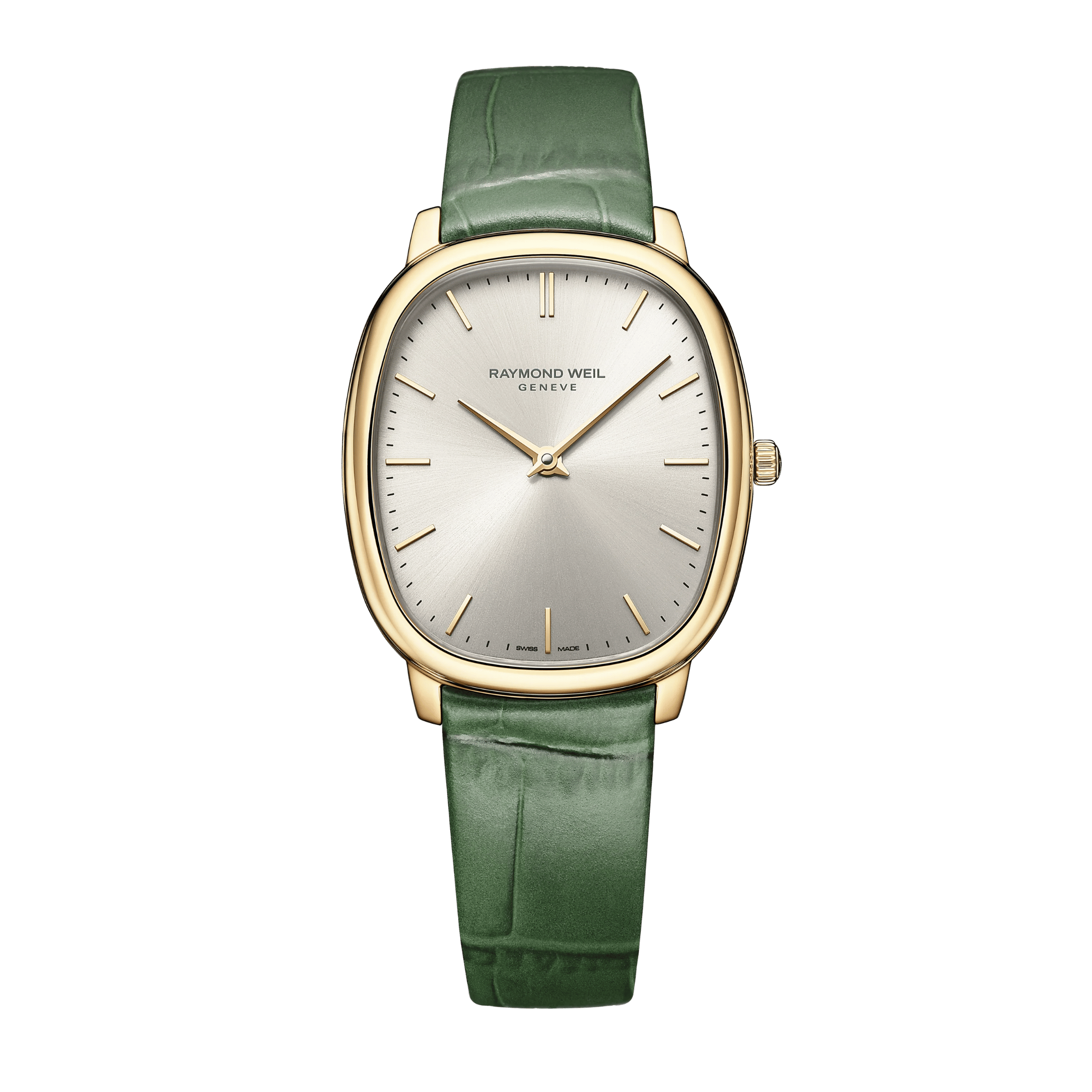 Montre Raymond Weil Toccata Héritage Quartz PVD or jaune cadran argenté bracelet cuir 31 mm x 36 mm