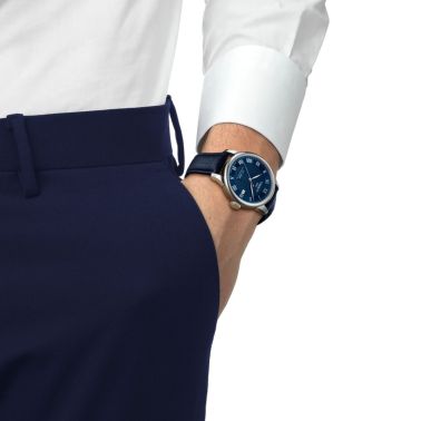 Tissot T-Classic Le Locle Powermatic 80 watch with blue dial and blue leather strap, 39 mm