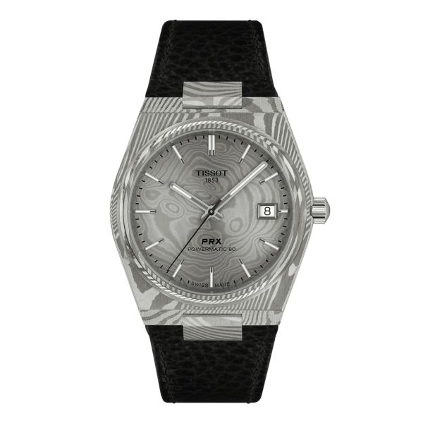 Montre Tissot PRX Damas Powermatic 80 cadran acier damas bracelet cuir 38 mm