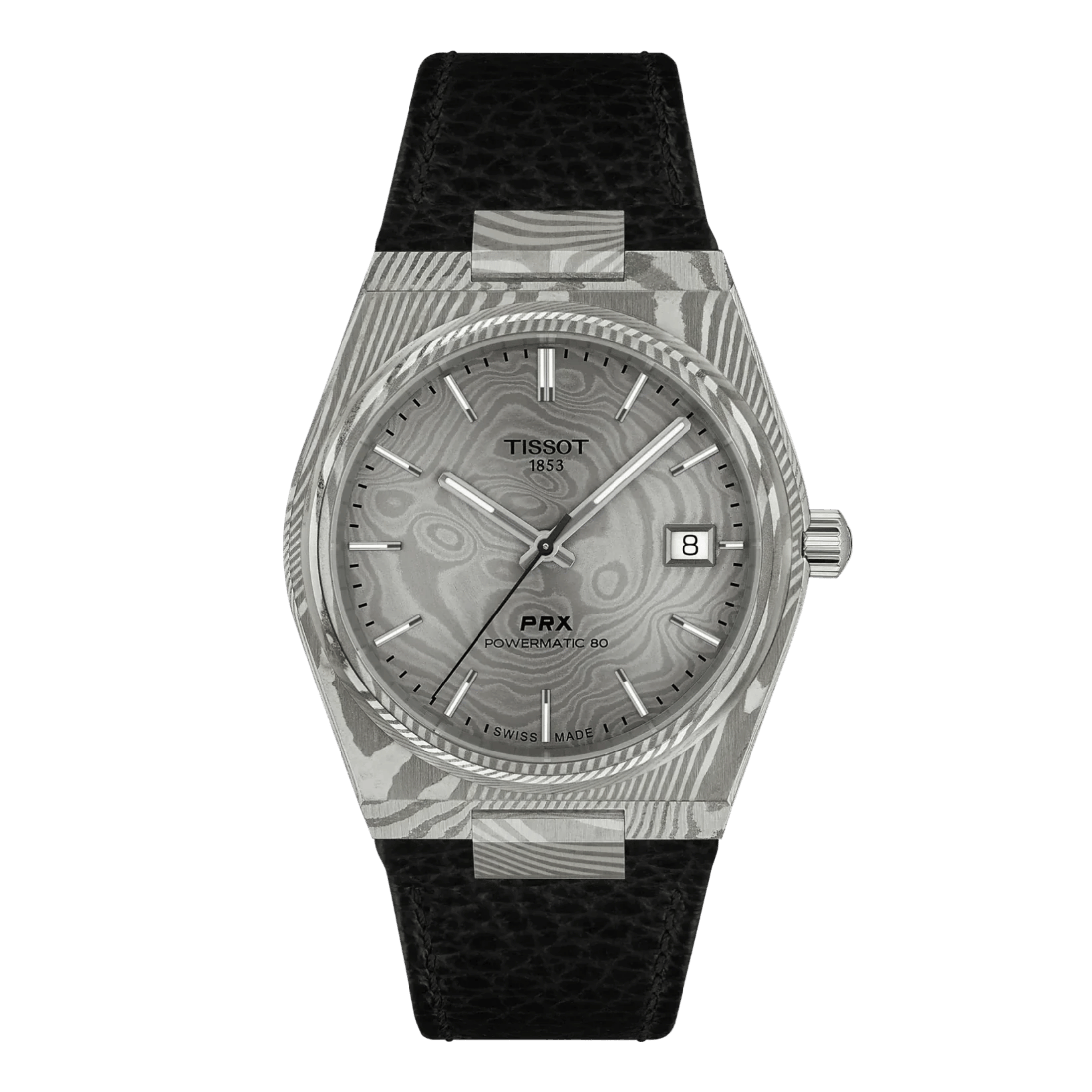 Montre Tissot PRX Damas Powermatic 80 cadran acier damas bracelet cuir 38 mm