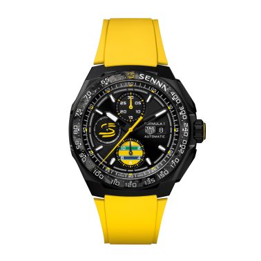Montre TAG Heuer Formula 1 Chronographe x Senna automatique cadran noir bracelet caoutchouc jaune 44 mm