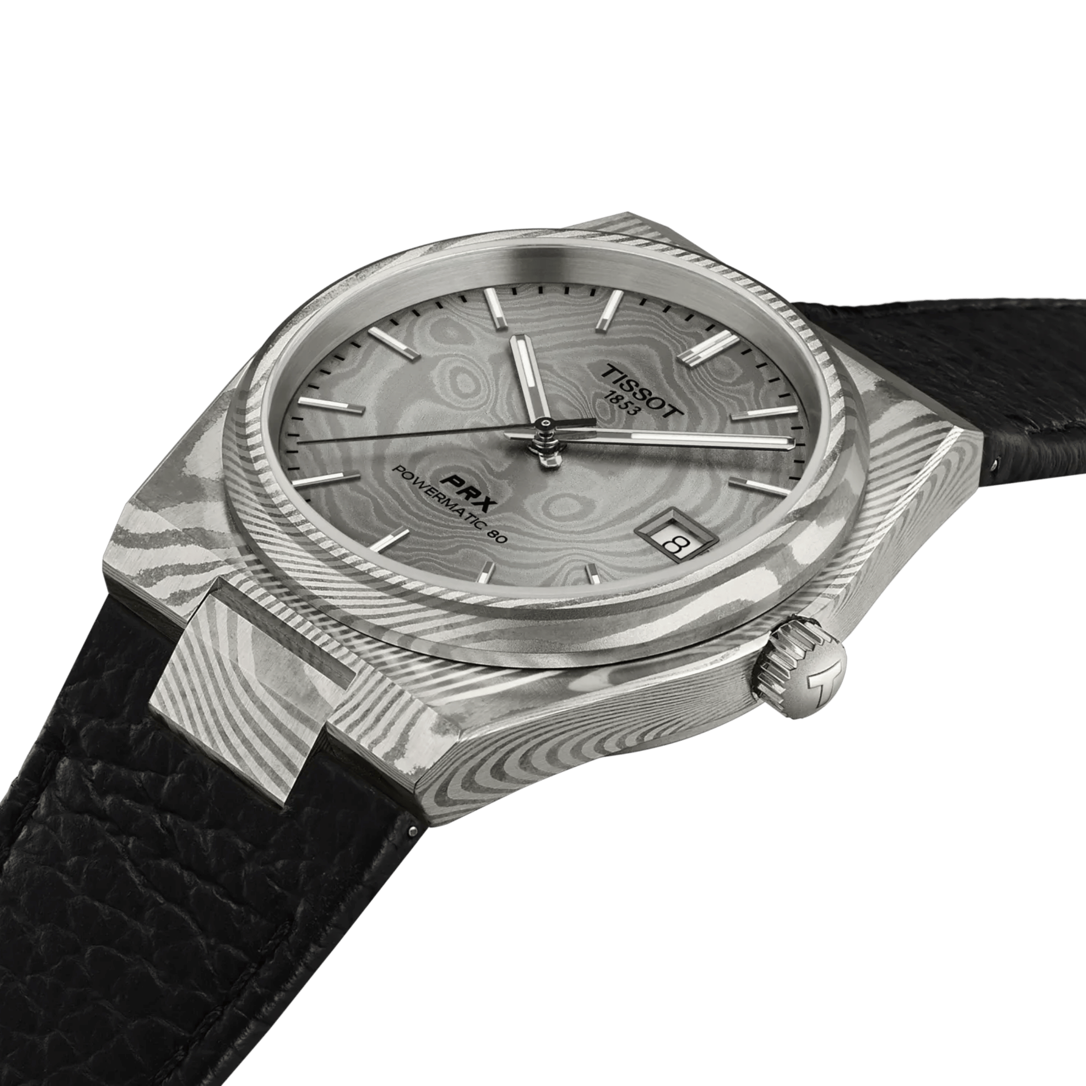 Montre Tissot PRX Damas Powermatic 80 cadran acier damas bracelet cuir 38 mm