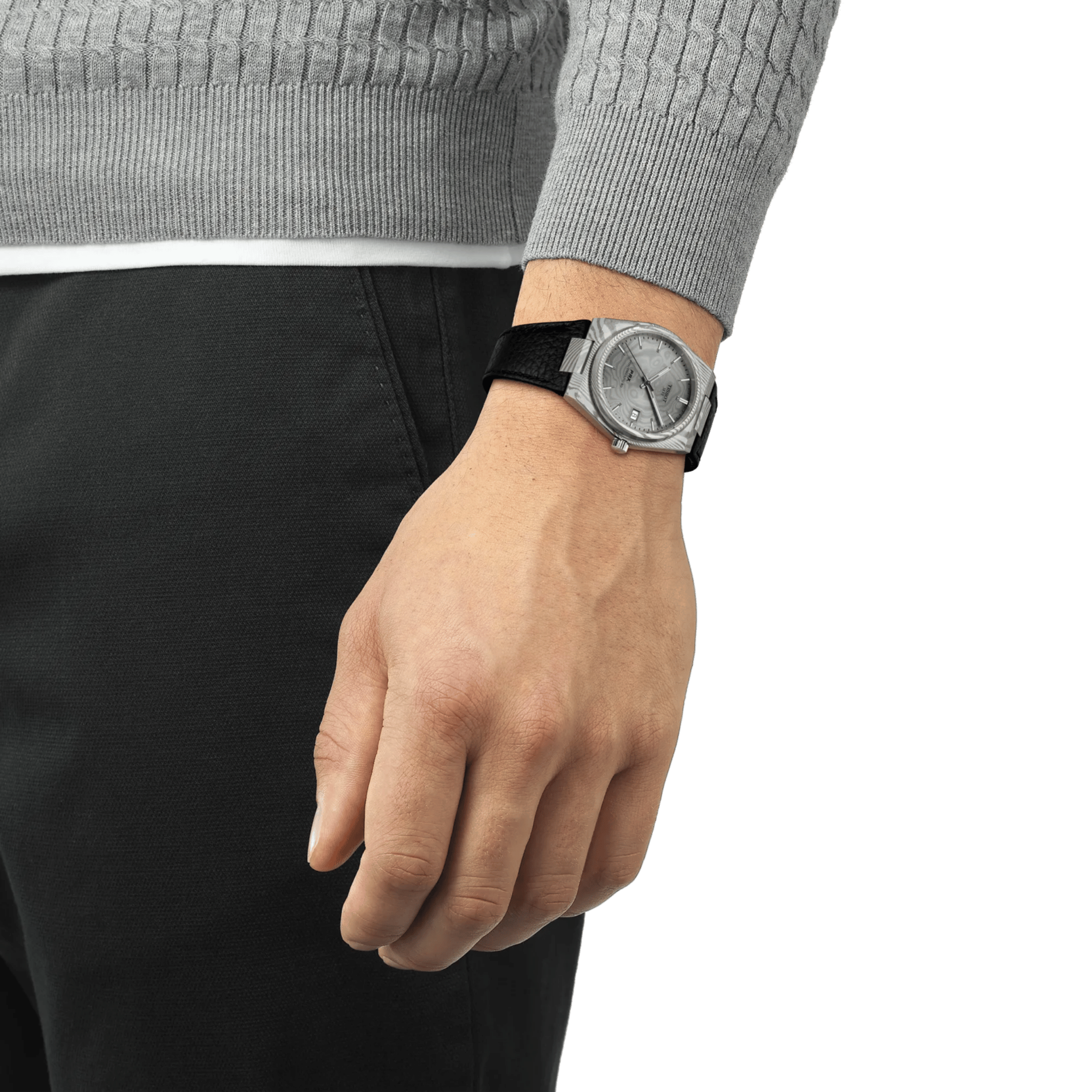 Montre Tissot PRX Damas Powermatic 80 cadran acier damas bracelet cuir 38 mm