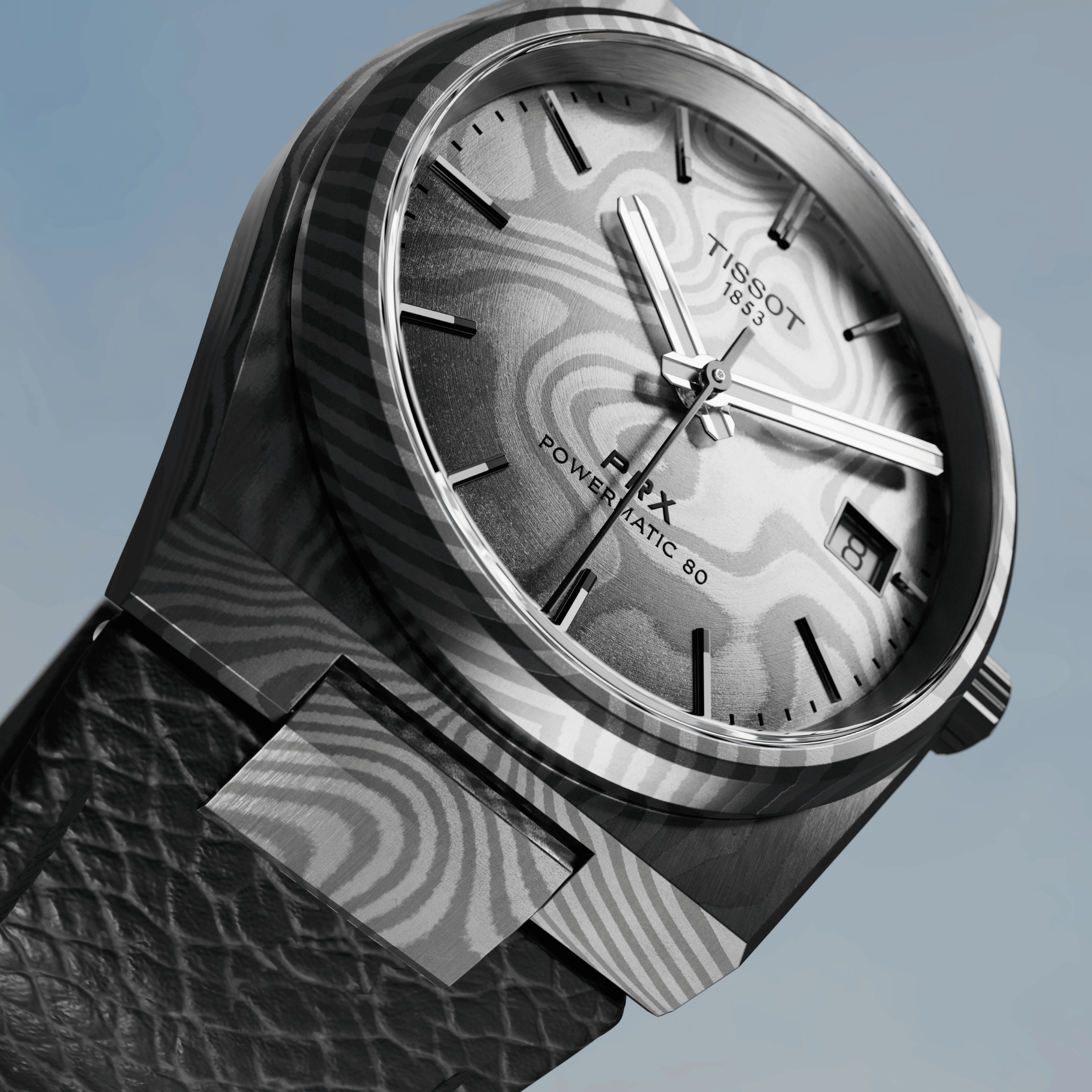 Tissot PRX Damascus Powermatic 80 damascus steel dial damas leather strap 38 mm
