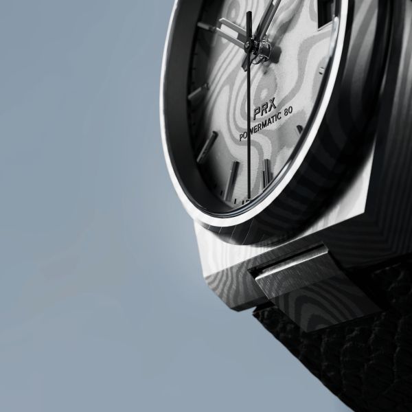 Montre Tissot PRX Damas Powermatic 80 cadran acier damas bracelet cuir 38 mm