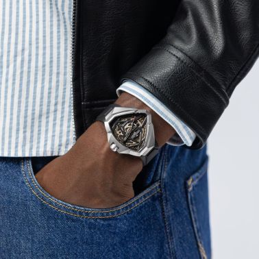 Hamilton Ventura Edge Skeleton Automatic watch with black dial and black rubber strap, 51 x 47 mm