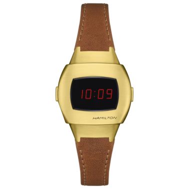 Hamilton PSR 74 Digital quartz watch with yellow gold PVD coating, LCD display, red OLED display, and brown leather strap 