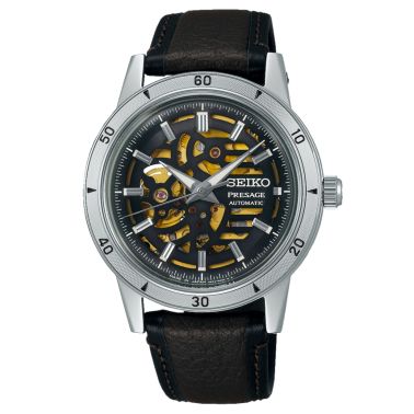Montre Seiko Presage Cœur Ouvert automatique cadran noir bracelet cuir noir 39,5 mm