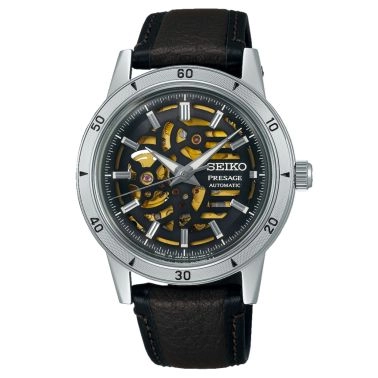 Montre Seiko Presage Cœur Ouvert automatique cadran noir bracelet cuir noir 39,5 mm