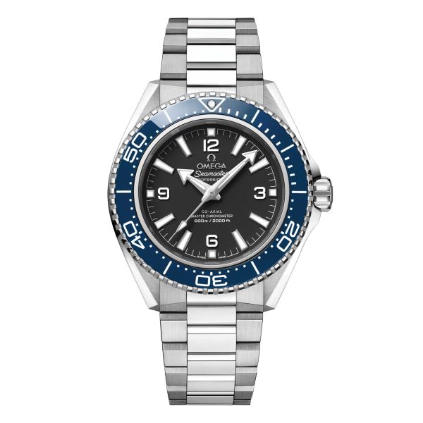 Omega Seamaster Planet Ocean 600m blue bezel black dial steel bracelet 42 mm