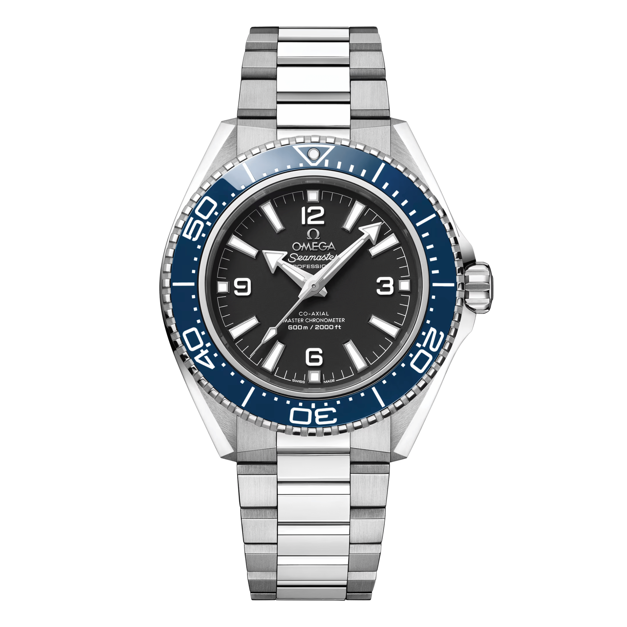 Montre Omega Seamaster Planet Ocean 600m lunette bleue cadran noir bracelet acier 42 mm