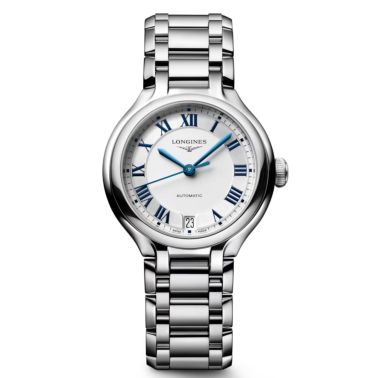 Longines PrimaLuna watch with silver dial and steel bracelet, 34 mm