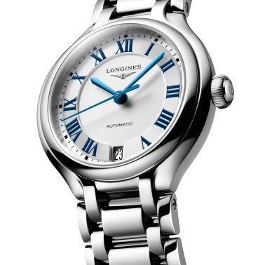 Longines PrimaLuna watch with silver dial and steel bracelet, 34 mm