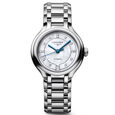 Montre Longines PrimaLuna auto cadran nacre blanche index diamants bracelet acier 34 mm