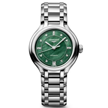 Montre Longines PrimaLuna auto cadran nacre verte index diamants bracelet acier 34 mm