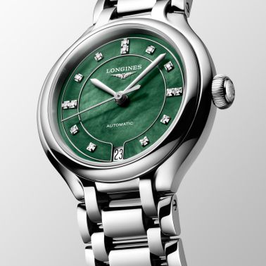 Montre Longines PrimaLuna auto cadran nacre verte index diamants bracelet acier 34 mm
