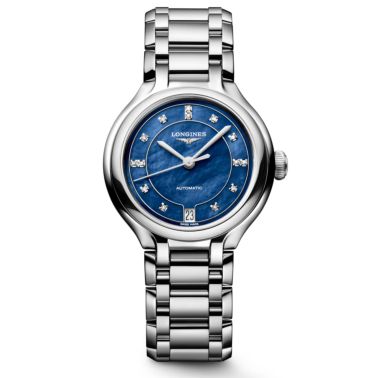 Montre Longines PrimaLuna auto cadran nacre bleue index diamants bracelet acier 34 mm