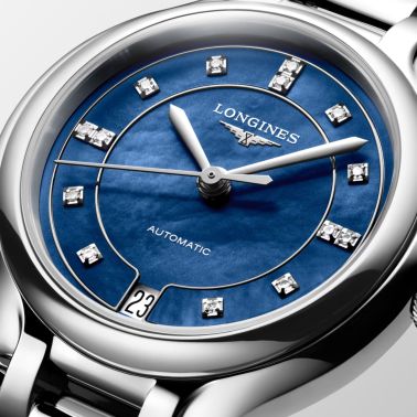Montre Longines PrimaLuna auto cadran nacre bleue index diamants bracelet acier 34 mm