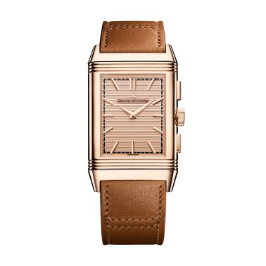 Montre Jaeger-LeCoultre Reverso Tribute Chronograph Or Rose mécanique cadran doré bracelet cuir 49,4 x 29,9 mm 