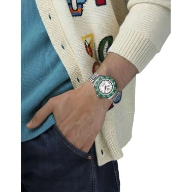 TAG Heuer Formula 1 Solargraph watch with white dial, green bezel, steel bracelet, 38 mm