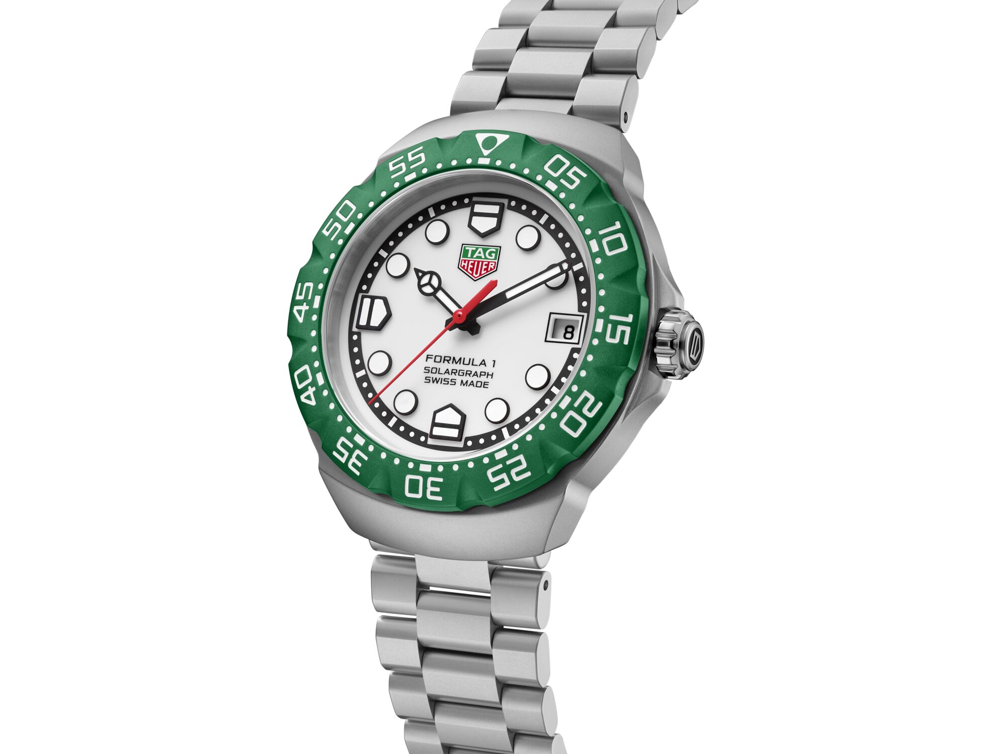 Montre TAG Heuer Formula 1 Solargraph cadran blanc lunette verte bracelet acier 38 mm