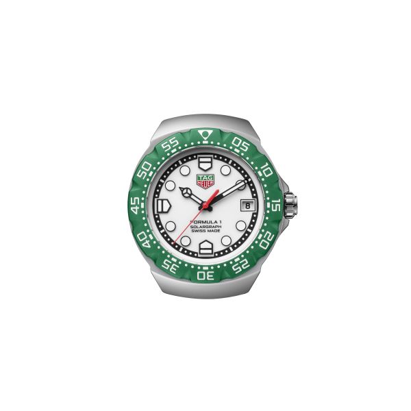 Montre TAG Heuer Formula 1 Solargraph cadran blanc lunette verte bracelet acier 38 mm