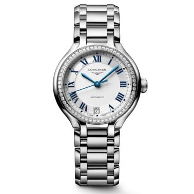 copy ofLongines PrimaLuna watch with silver dial and steel bracelet, 34 mm