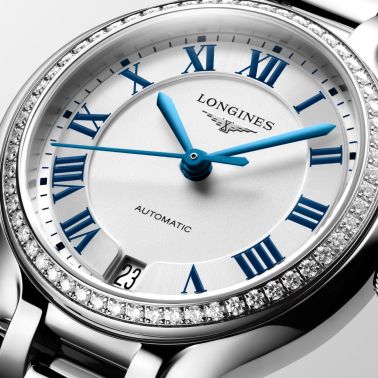 Montre Longines PrimaLuna auto cadran argenté lunette diamants bracelet acier 34 mm