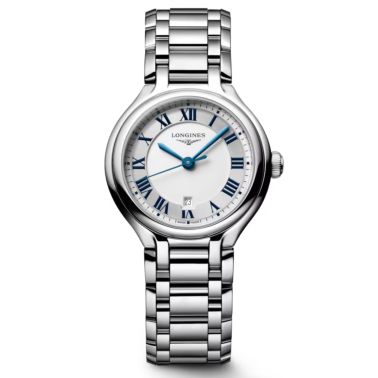 Longines PrimaLuna quartz watch with silver dial and 30 mm steel bracelet