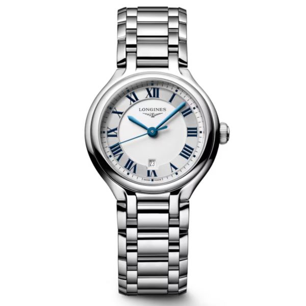 Montre Longines PrimaLuna quartz cadran argenté bracelet acier 30 mm