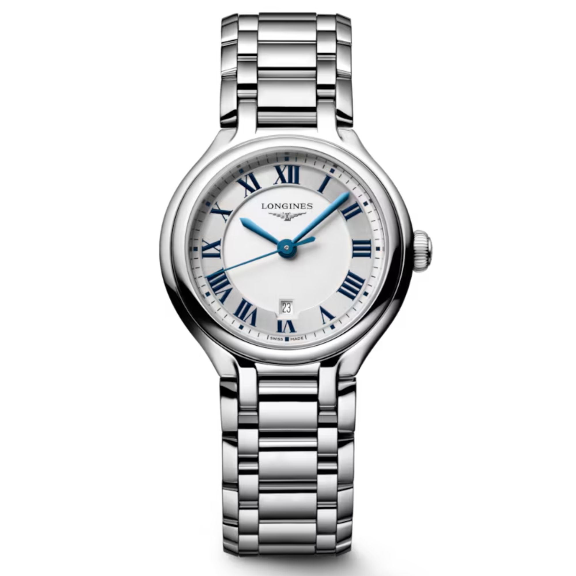 Montre Longines PrimaLuna quartz cadran argenté bracelet acier 30 mm