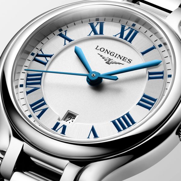 Longines PrimaLuna quartz watch with silver dial and 30 mm steel bracelet