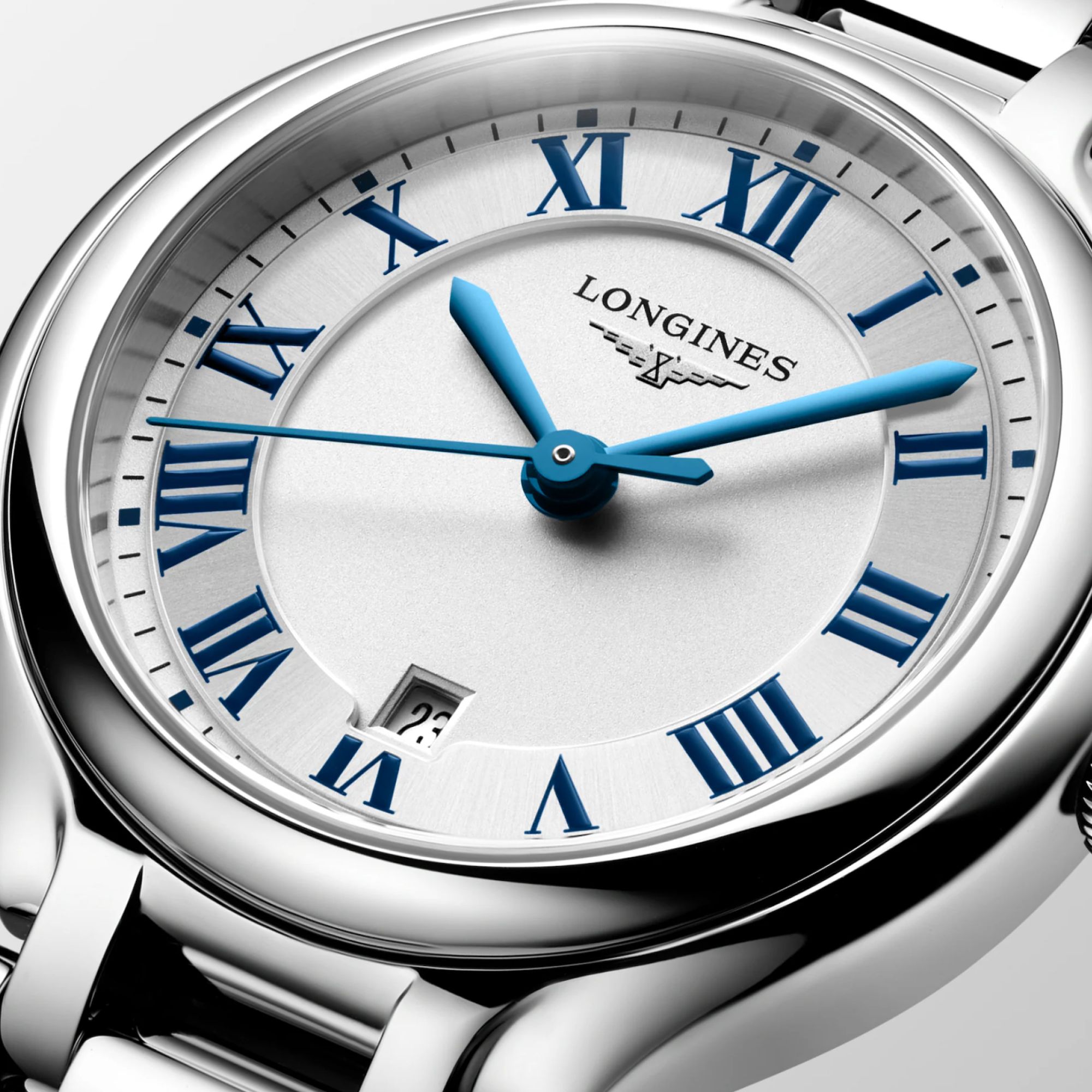 Longines PrimaLuna quartz watch with silver dial and 30 mm steel bracelet