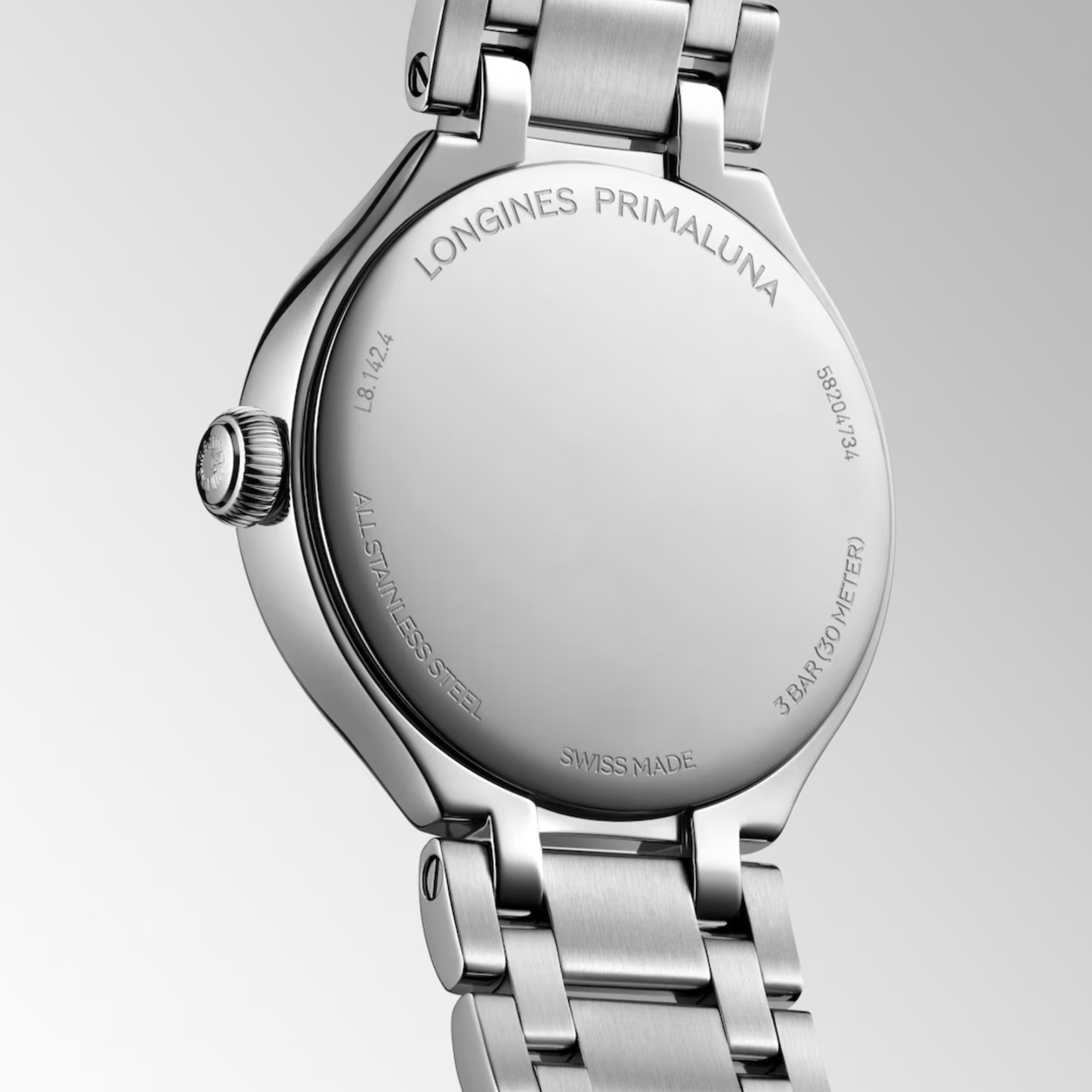Montre Longines PrimaLuna quartz cadran argenté bracelet acier 30 mm