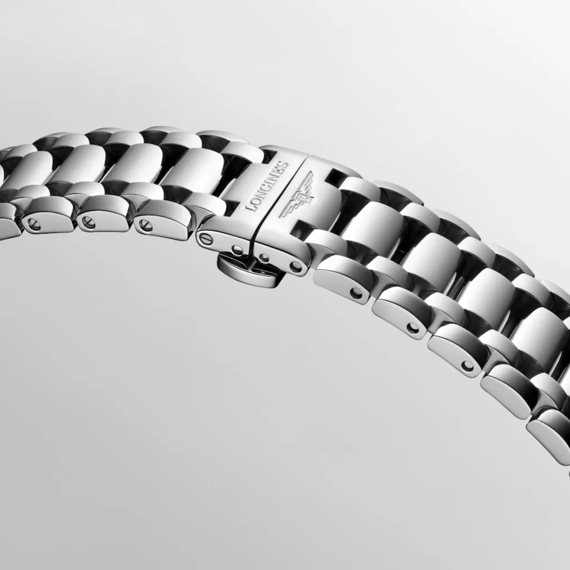 Longines PrimaLuna quartz watch with silver dial and 30 mm steel bracelet