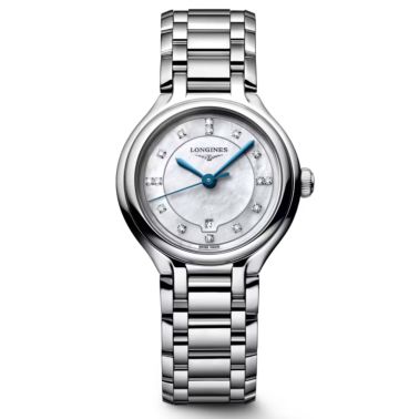 Montre Longines PrimaLuna quartz cadran nacre blanche index diamants bracelet acier 30 mm