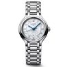Longines PrimaLuna quartz watch with white mother-of-pearl dial, diamond hour markers, and 30 mm steel bracelet