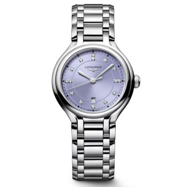Longines PrimaLuna quartz watch with lavender dial, diamond hour markers, and 30 mm steel bracelet