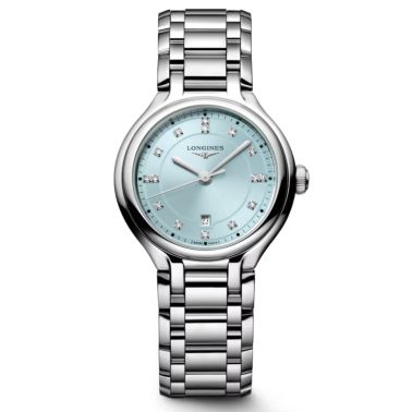 Longines PrimaLuna quartz watch with mint dial, diamond hour markers, and 30 mm steel bracelet