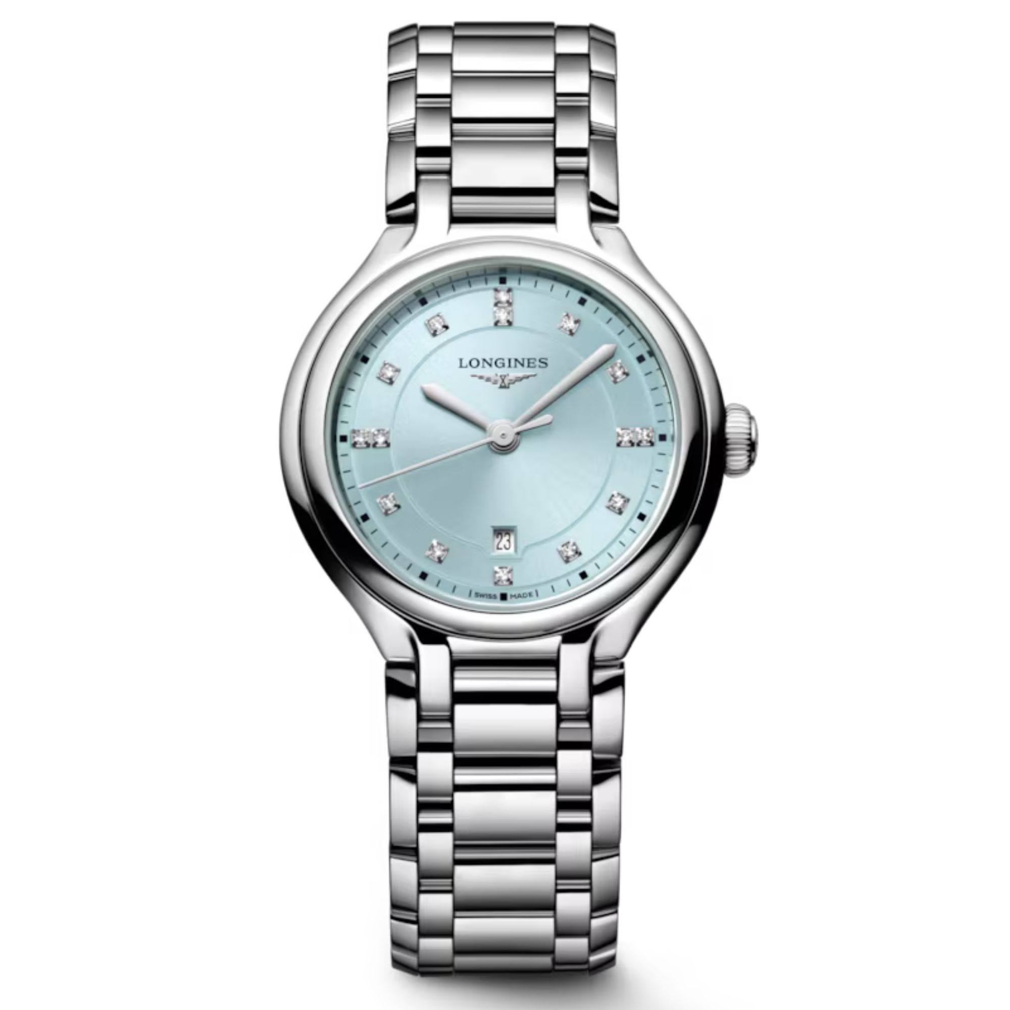 Montre Longines PrimaLuna quartz cadran mint index diamants bracelet acier 30 mm