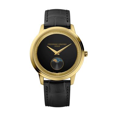 Frédérique Constant Classics Moneta Moonphase PVD yellow gold quartz black dial leather strap 37 mm