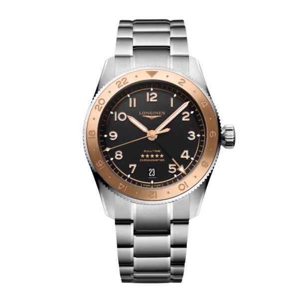 Longines Spirit Zulu Time 1925 automatic rose gold bezel black dial steel bracelet 39 mm