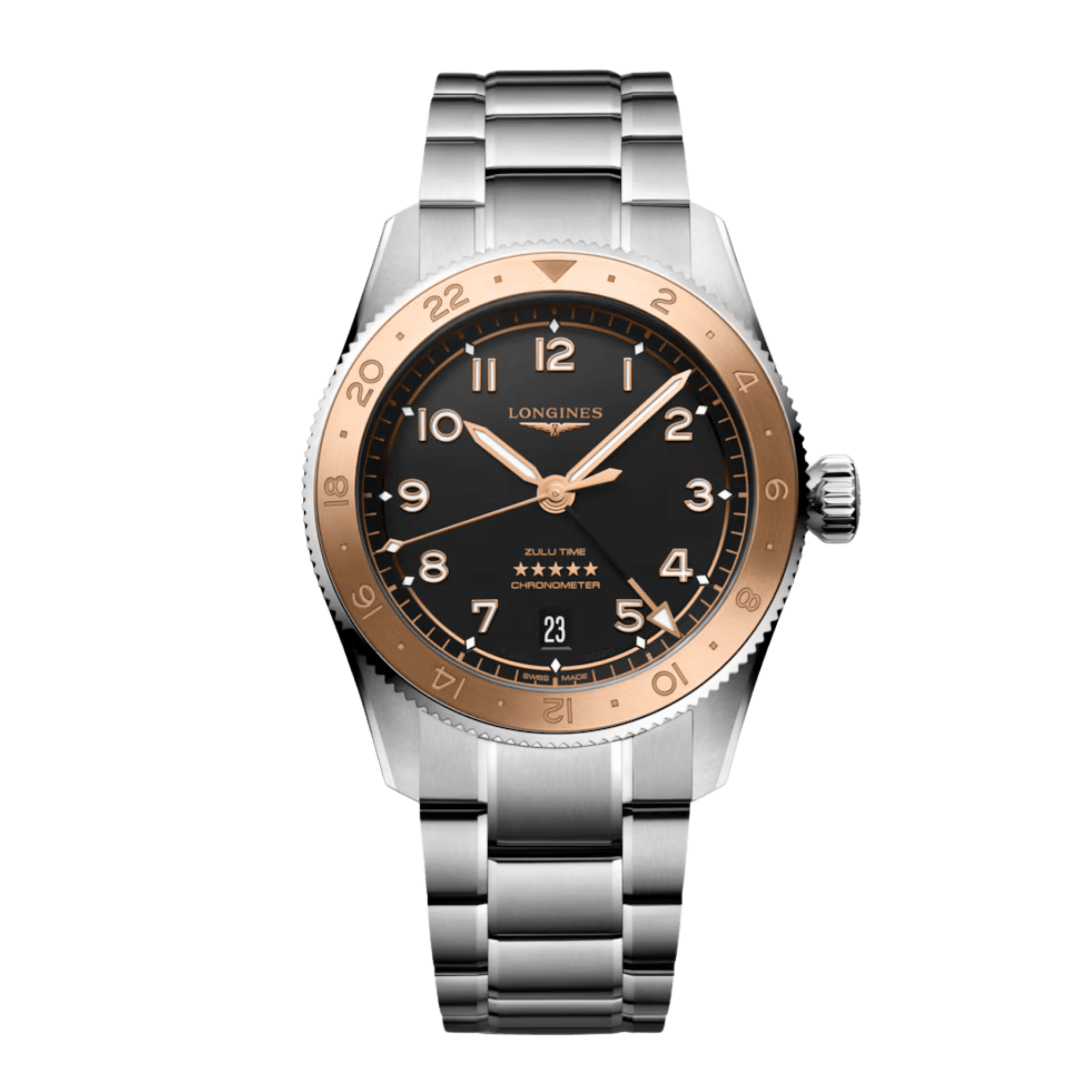 Longines Spirit Zulu Time 1925 automatic rose gold bezel black dial steel bracelet 39 mm