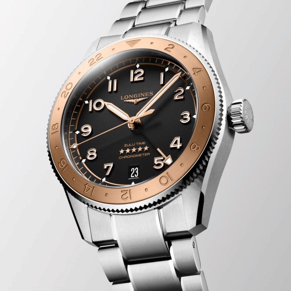 Longines Spirit Zulu Time 1925 automatic rose gold bezel black dial steel bracelet 39 mm