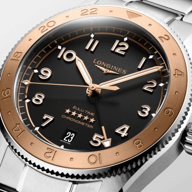 Longines Spirit Zulu Time 1925 automatic rose gold bezel black dial steel bracelet 39 mm