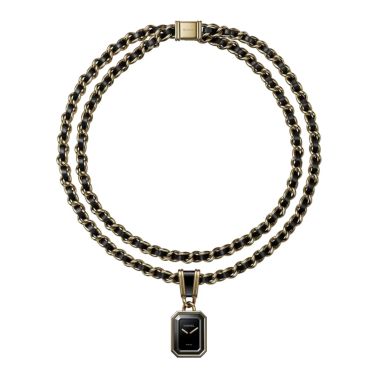 CHANEL Première Iconic Chain Edition necklace watch with black lacquered dial, steel and black leather chain, 26.1 mm