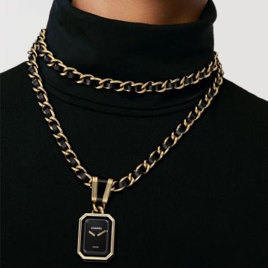CHANEL Première Iconic Chain Edition necklace watch with black lacquered dial, steel and black leather chain, 26.1 mm