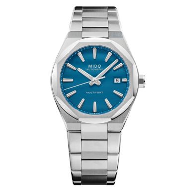 Mido Multifort 8 One Crown automatic watch with blue dial and steel bracelet, 40 mm